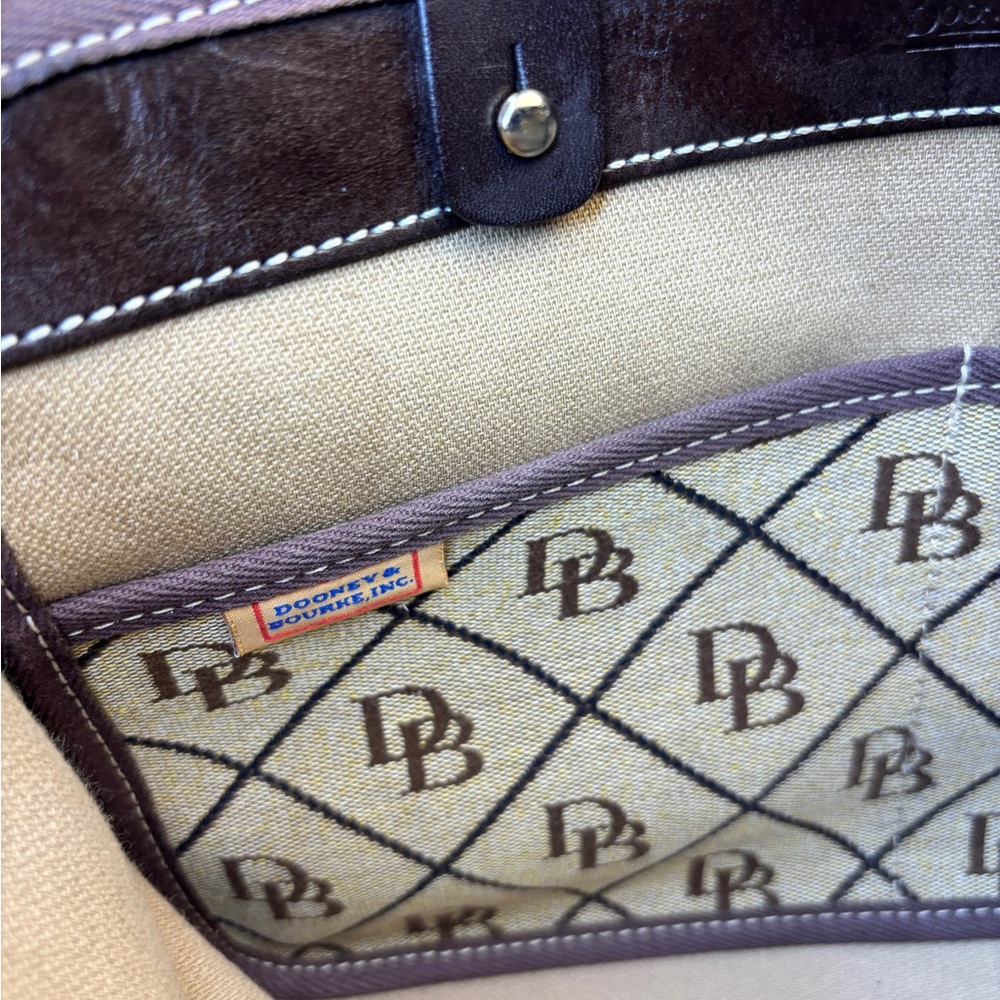 Dooney & Bourke Monogram Canvas Shoulder Bag Brown Leather Trim Tassel Beige - Picture 11 of 16